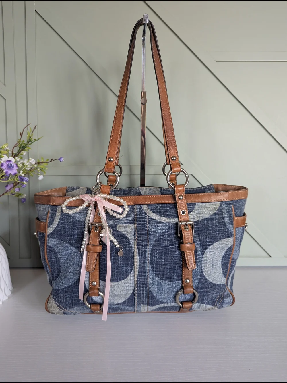 Coach Blue Pattern Logo Tote with Brown Trim